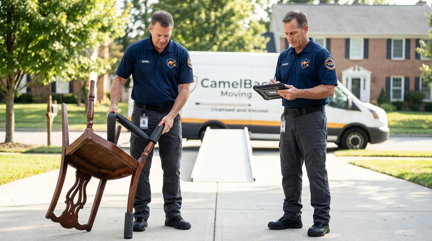 Movers inspecting furniture for damage prevention before loading in Tolleson, AZ
