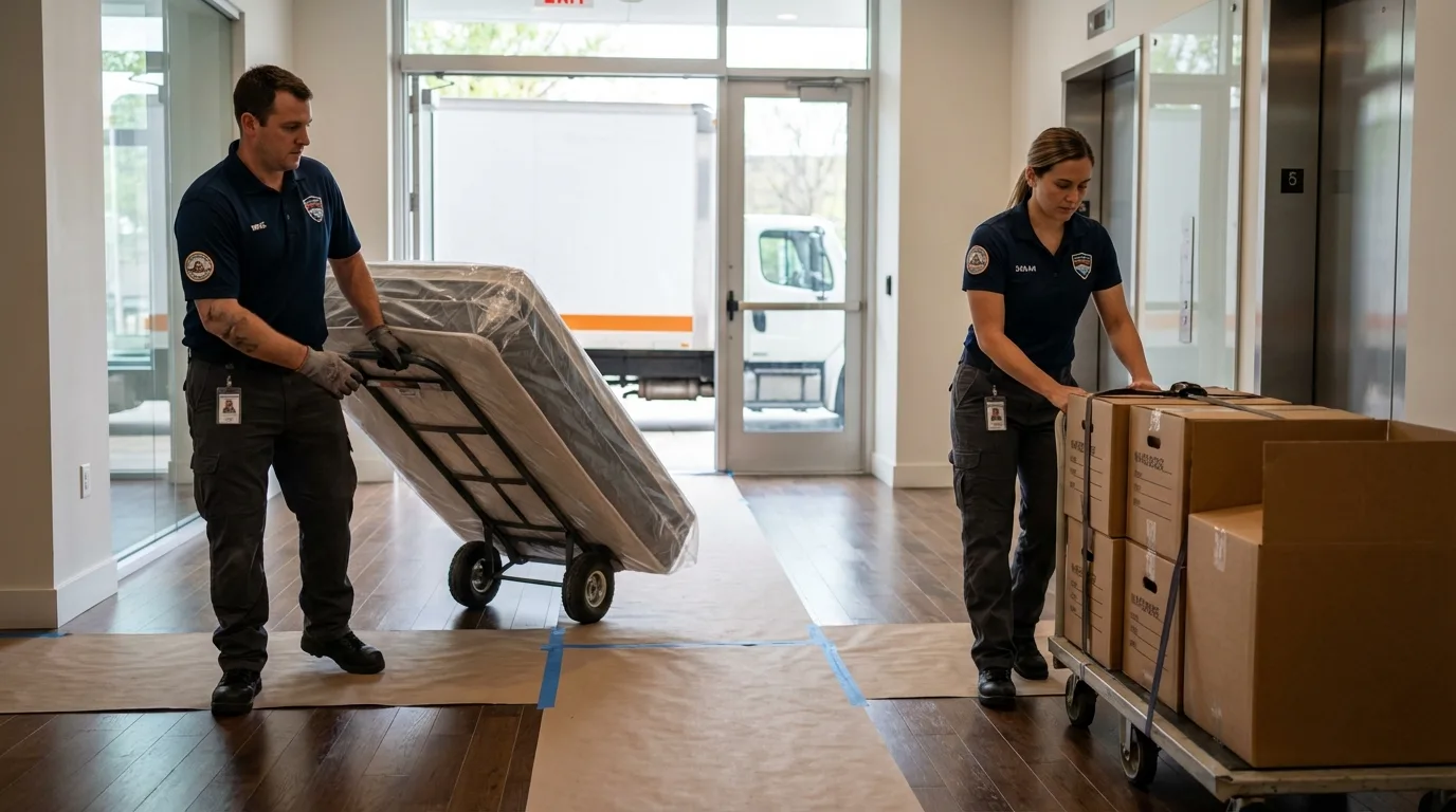 Professional apartment movers loading elevator in Tolleson, AZ